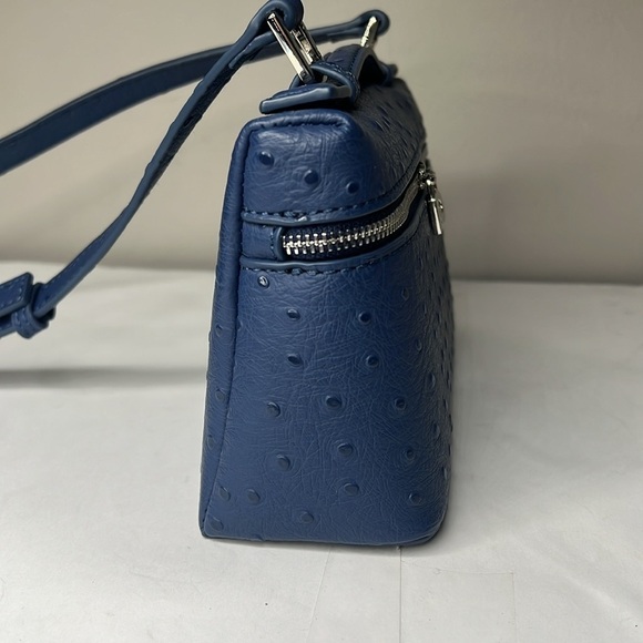 Blue Ostrich Pattern Rice Box Small Crossbody Bag Vegan Leather Handbag - Picture 3 of 6